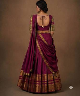 South Indian Style Semi-Stitched Half Saree with Blouse and Dupatta 2