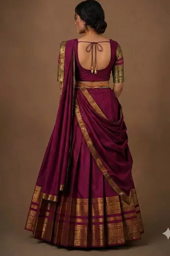 South Indian Style Semi-Stitched Half Saree with Blouse and Dupatta