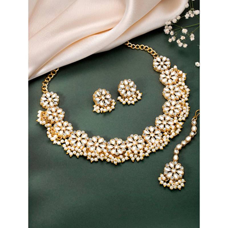 Gold plated white kundan & beads studded necklace earrings