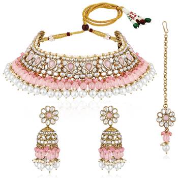 Pink kundan & beads studded choker necklace jhumki earringss 5
