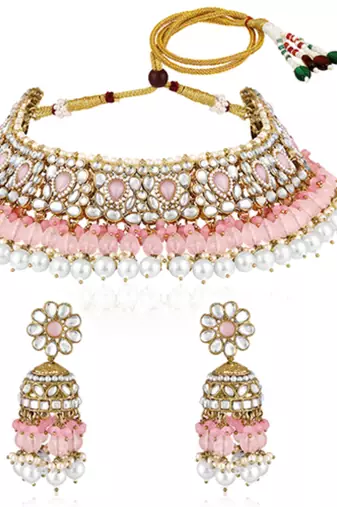 Pink kundan & beads studded choker necklace jhumki earringss