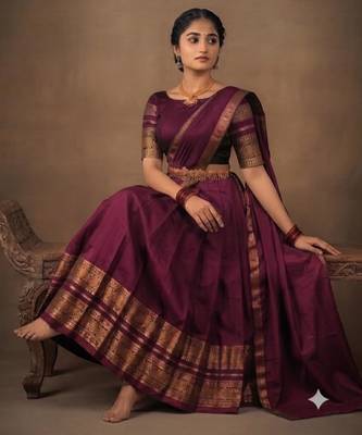 South Indian Style Semi-Stitched Half Saree with Blouse and Dupatta 3