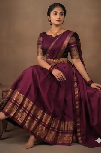 South Indian Style Semi-Stitched Half Saree with Blouse and Dupatta