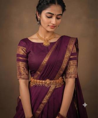 South Indian Style Semi-Stitched Half Saree with Blouse and Dupatta 4
