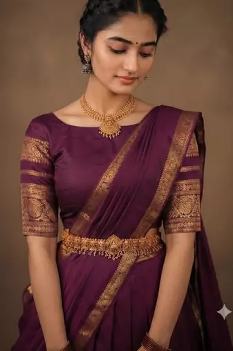 South Indian Style Semi-Stitched Half Saree with Blouse and Dupatta