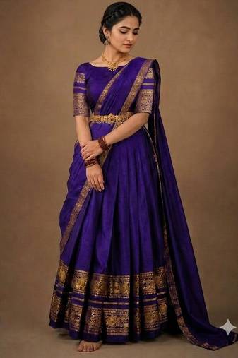 South Indian Style Semi-Stitched Half Saree with Blouse and Dupatta