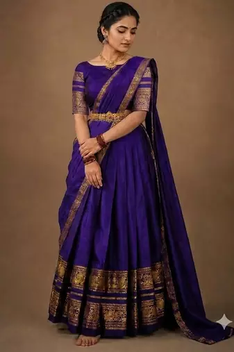 South Indian Style Semi-Stitched Half Saree with Blouse and Dupatta