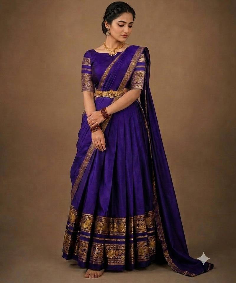 South Indian Style Semi-Stitched Half Saree with Blouse and Dupatta