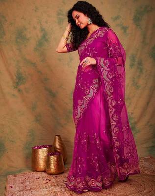 Pink ethnic motifs embroidered net sarees 2