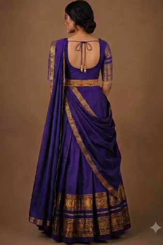 South Indian Style Semi-Stitched Half Saree with Blouse and Dupatta