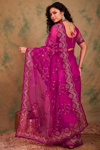 Pink ethnic motifs embroidered net sarees