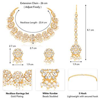 Gold plated white kundan & beads studded necklace earrings 4