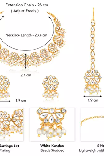 Gold plated white kundan & beads studded necklace earrings