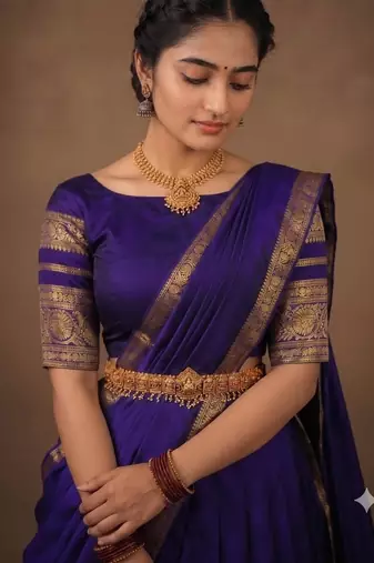 South Indian Style Semi-Stitched Half Saree with Blouse and Dupatta