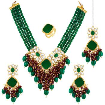Women's green maroon synthetic stone, kundan & beads studded necklace dangle 2