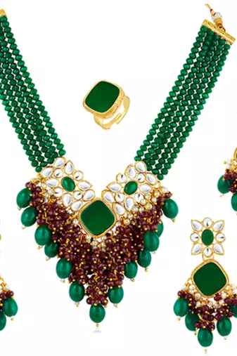 Women's green maroon synthetic stone, kundan & beads studded necklace dangle