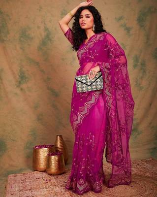 Pink ethnic motifs embroidered net sarees 4