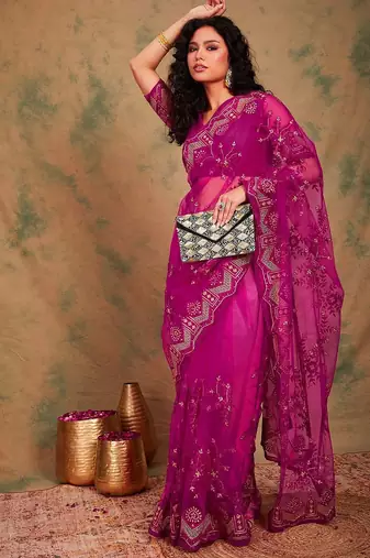 Pink ethnic motifs embroidered net sarees