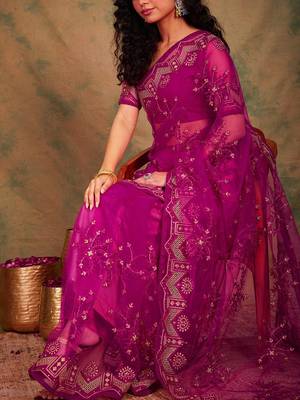 Pink ethnic motifs embroidered net sarees 5