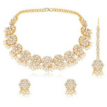 Gold plated white kundan & beads studded necklace earrings 5