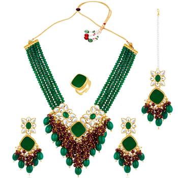 Women's green maroon synthetic stone, kundan & beads studded necklace dangle 3