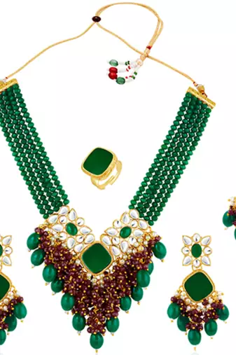 Women's green maroon synthetic stone, kundan & beads studded necklace dangle
