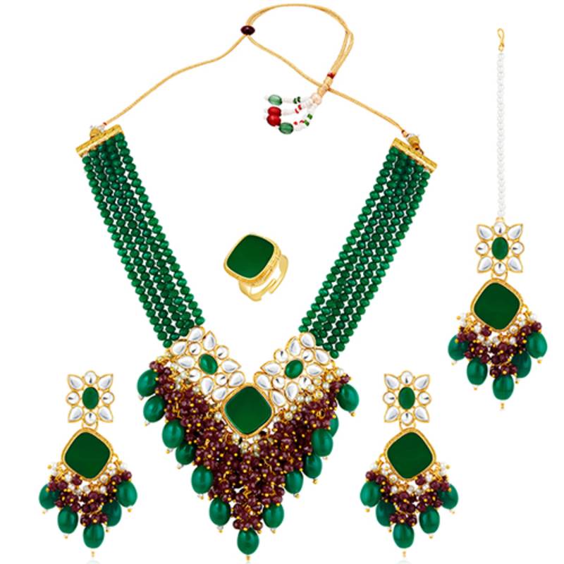Women's green maroon synthetic stone, kundan & beads studded necklace dangle