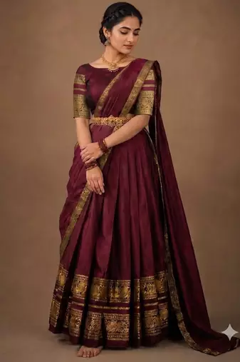 South Indian Style Semi-Stitched Half Saree with Blouse and Dupatta