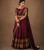 South Indian Style Semi-Stitched Half Saree with Blouse and Dupatta