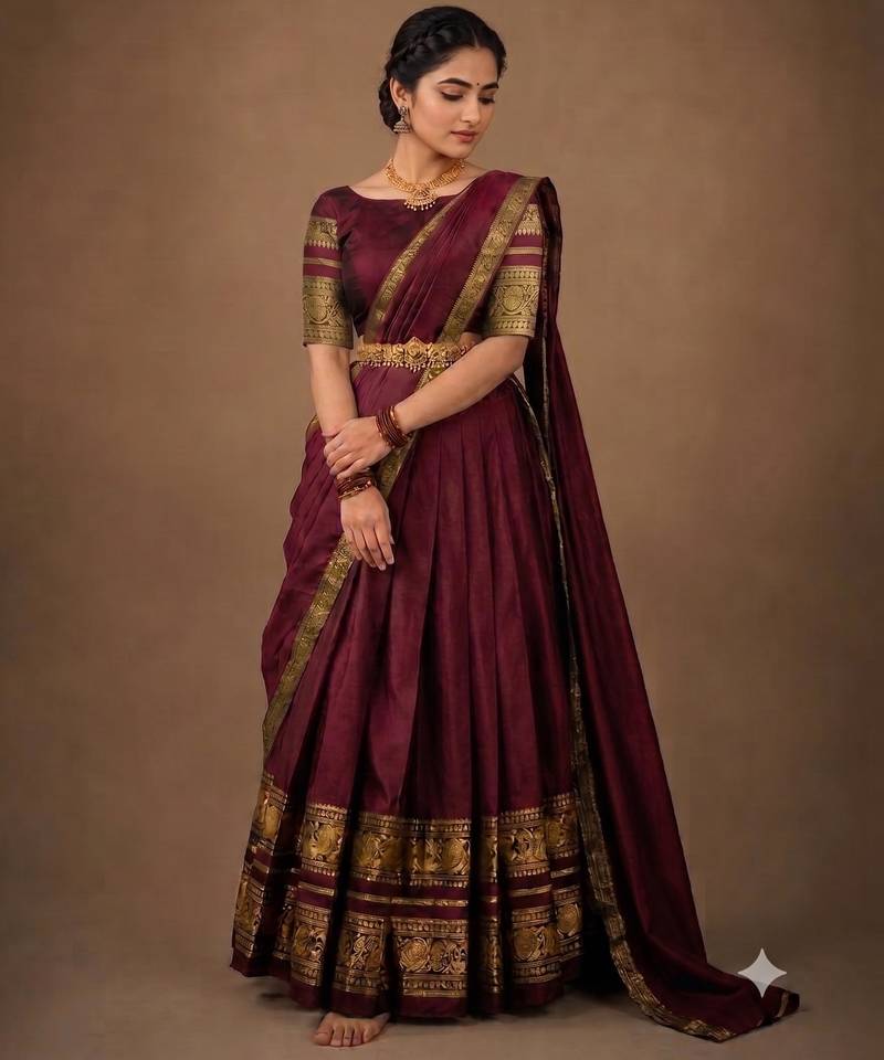 South Indian Style Semi-Stitched Half Saree with Blouse and Dupatta