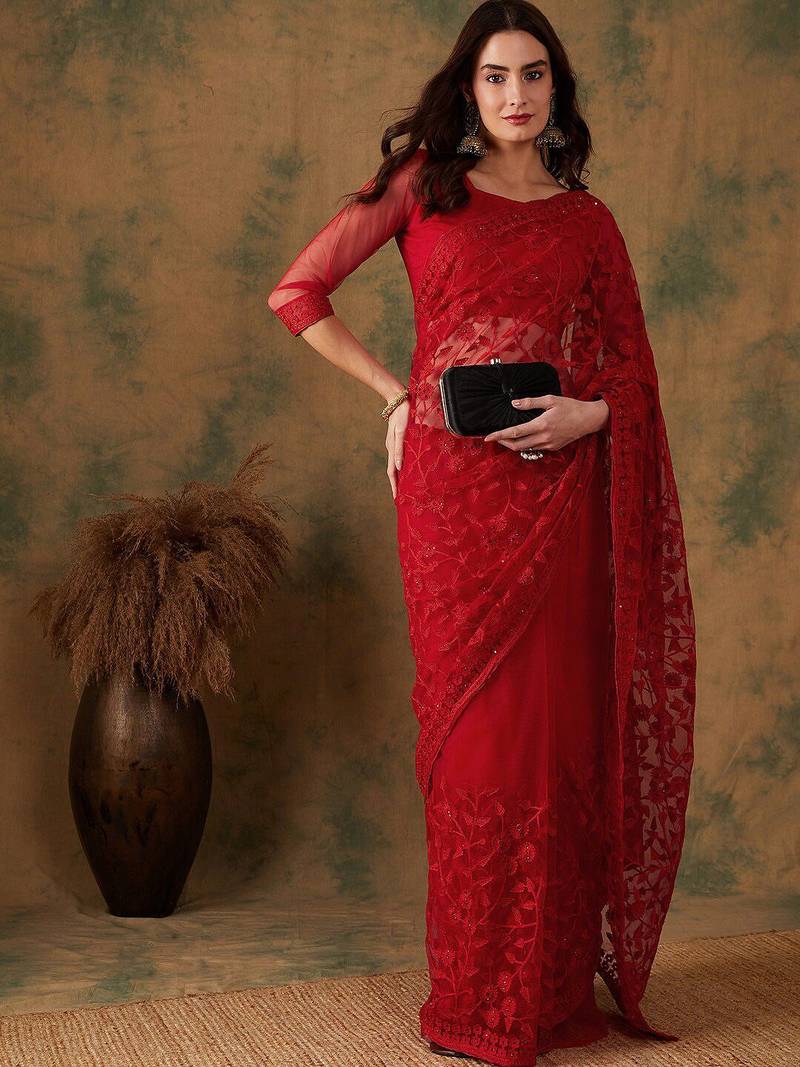 Red embroidered net sarees