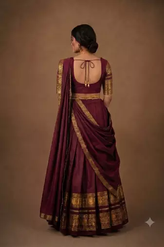 South Indian Style Semi-Stitched Half Saree with Blouse and Dupatta