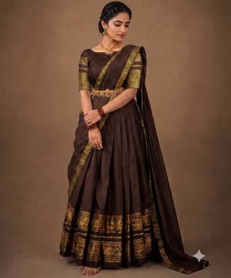 South Indian Style Semi-Stitched Half Saree with Blouse and Dupatta 1