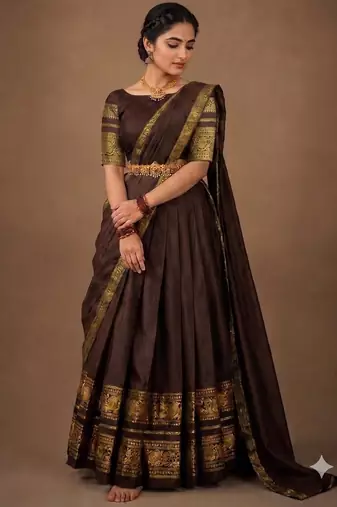 South Indian Style Semi-Stitched Half Saree with Blouse and Dupatta