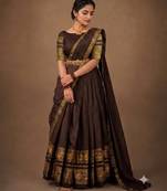 South Indian Style Semi-Stitched Half Saree with Blouse and Dupatta