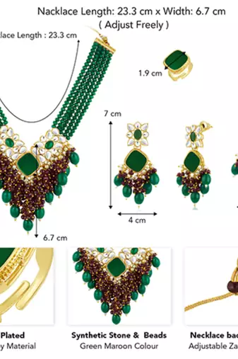 Women's green maroon synthetic stone, kundan & beads studded necklace dangle