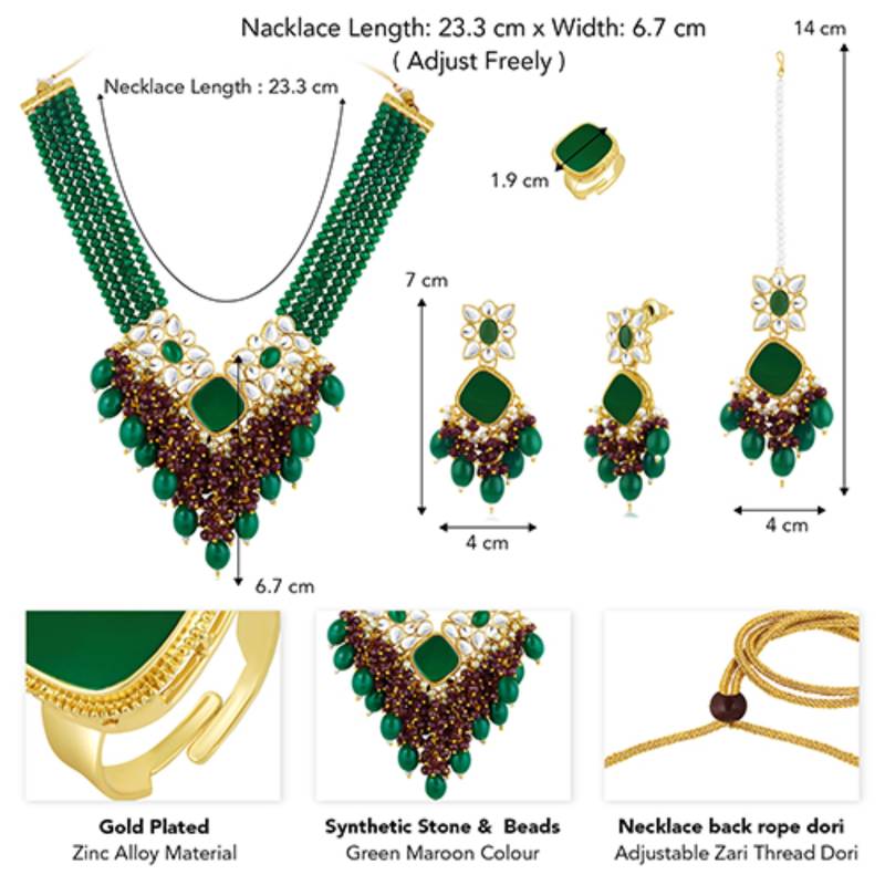 Women's green maroon synthetic stone, kundan & beads studded necklace dangle