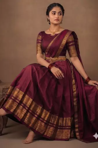South Indian Style Semi-Stitched Half Saree with Blouse and Dupatta