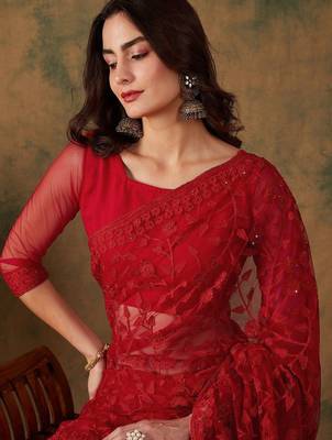Red embroidered net sarees 2