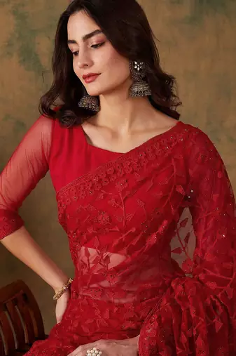 Red embroidered net sarees