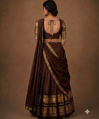 South Indian Style Semi-Stitched Half Saree with Blouse and Dupatta 2