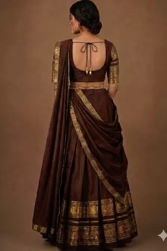 South Indian Style Semi-Stitched Half Saree with Blouse and Dupatta