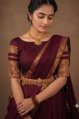 South Indian Style Semi-Stitched Half Saree with Blouse and Dupatta