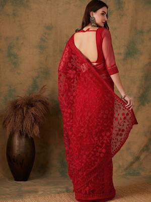 Red embroidered net sarees 3
