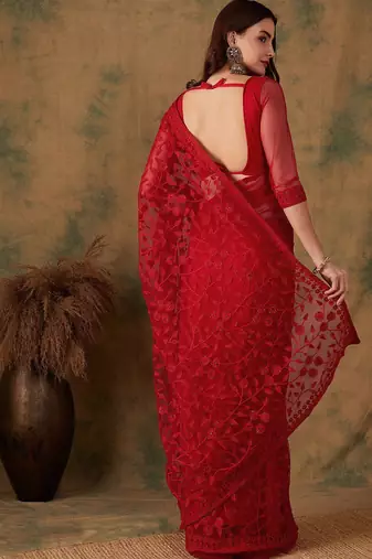 Red embroidered net sarees