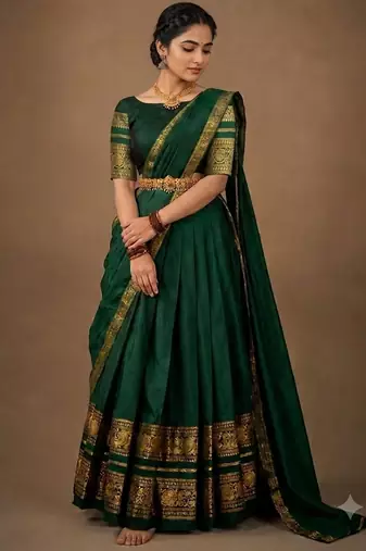 South Indian Style Semi-Stitched Half Saree with Blouse and Dupatta
