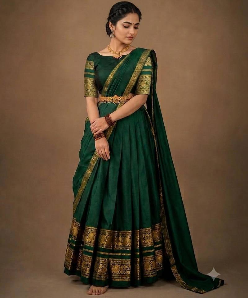 South Indian Style Semi-Stitched Half Saree with Blouse and Dupatta