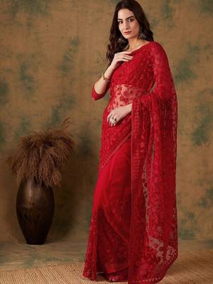 Red embroidered net sarees 4