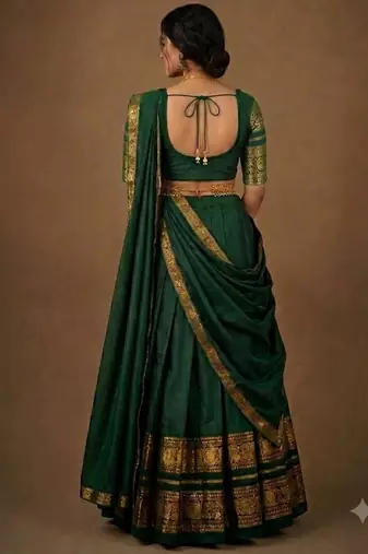South Indian Style Semi-Stitched Half Saree with Blouse and Dupatta
