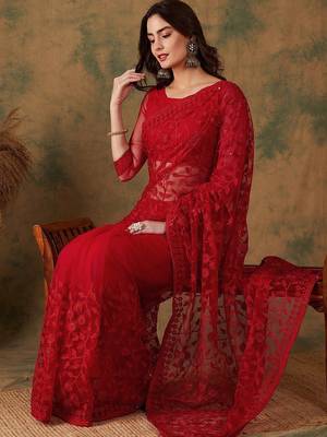 Red embroidered net sarees 5